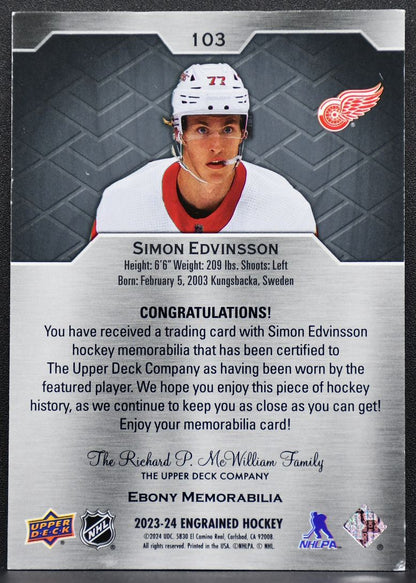 23-24 UD Engrained RC Memorabilia Ebony Simon Edvinsson Red Wings RC /35 Patch 2882