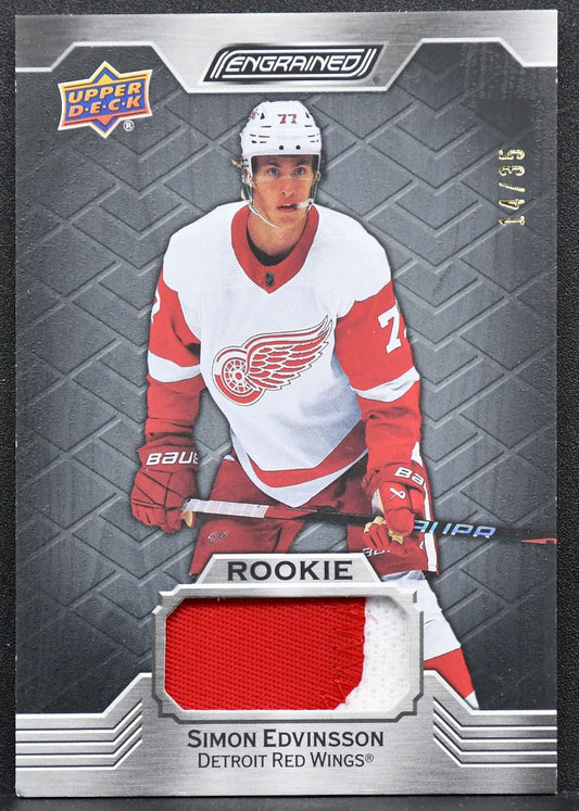 23-24 UD Engrained RC Memorabilia Ebony Simon Edvinsson Red Wings RC /35 Patch 2882