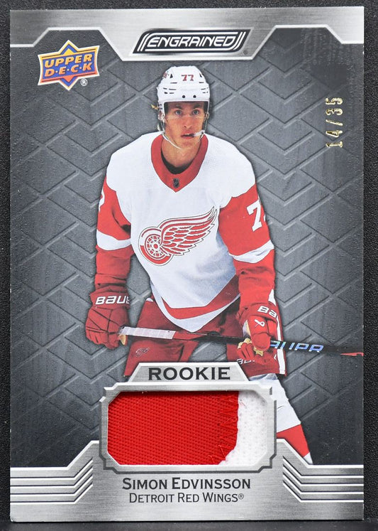 23-24 UD Engrained RC Memorabilia Ebony Simon Edvinsson Red Wings RC /35 Patch 2882