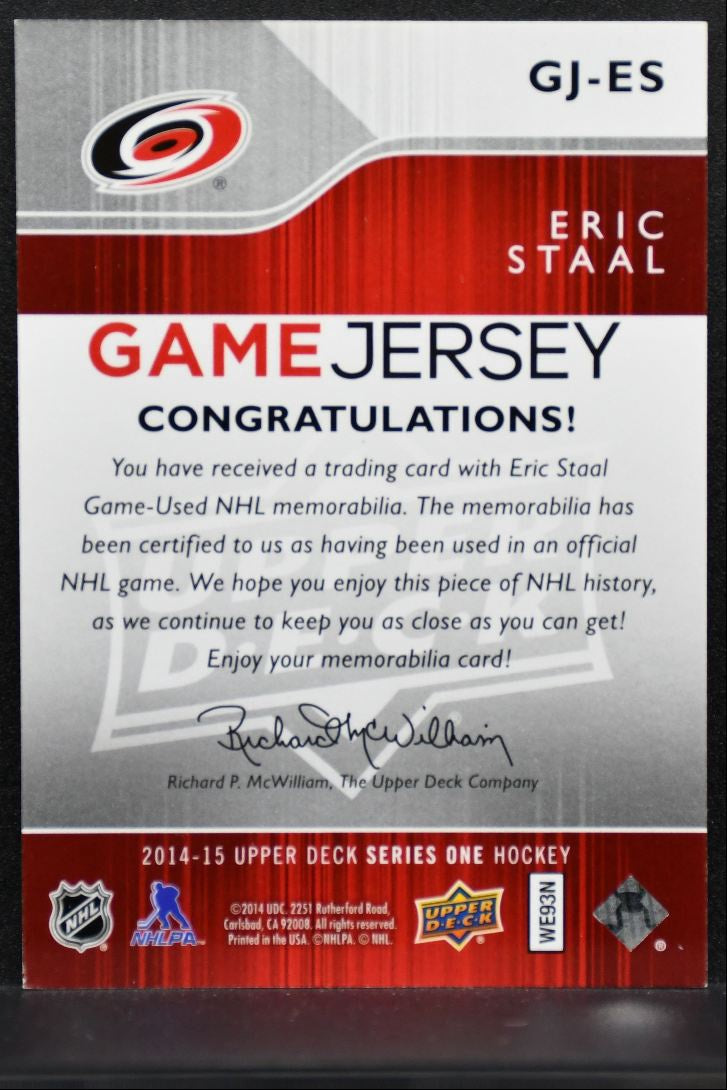 2014-15 Upper Deck Series 1 Game Jerseys Eric Staal GJ-ES Hurricanes Jersey 0925