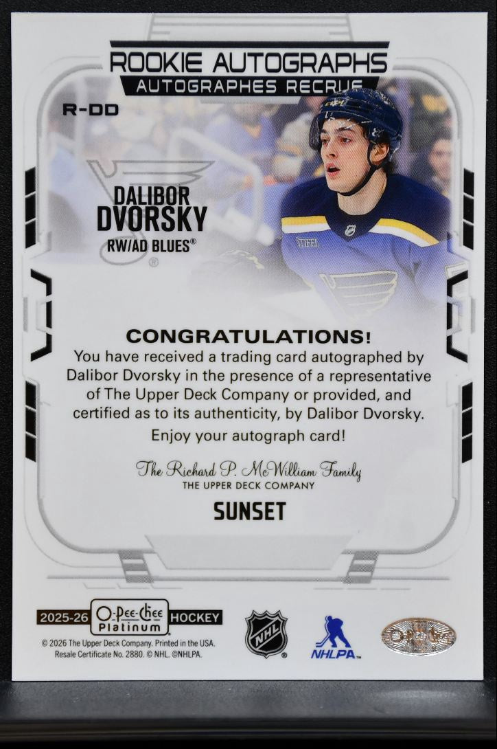 2025-26 O Pee Chee Platinum Rookie Autographs Sunset Dvorsky Blues RC Auto 2485