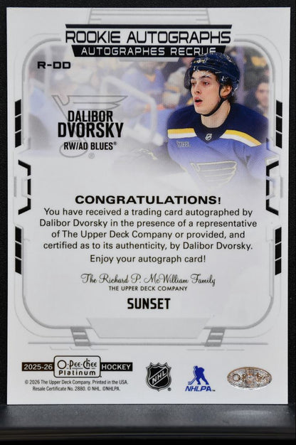 2025-26 O Pee Chee Platinum Rookie Autographs Sunset Dvorsky Blues RC Auto 2485