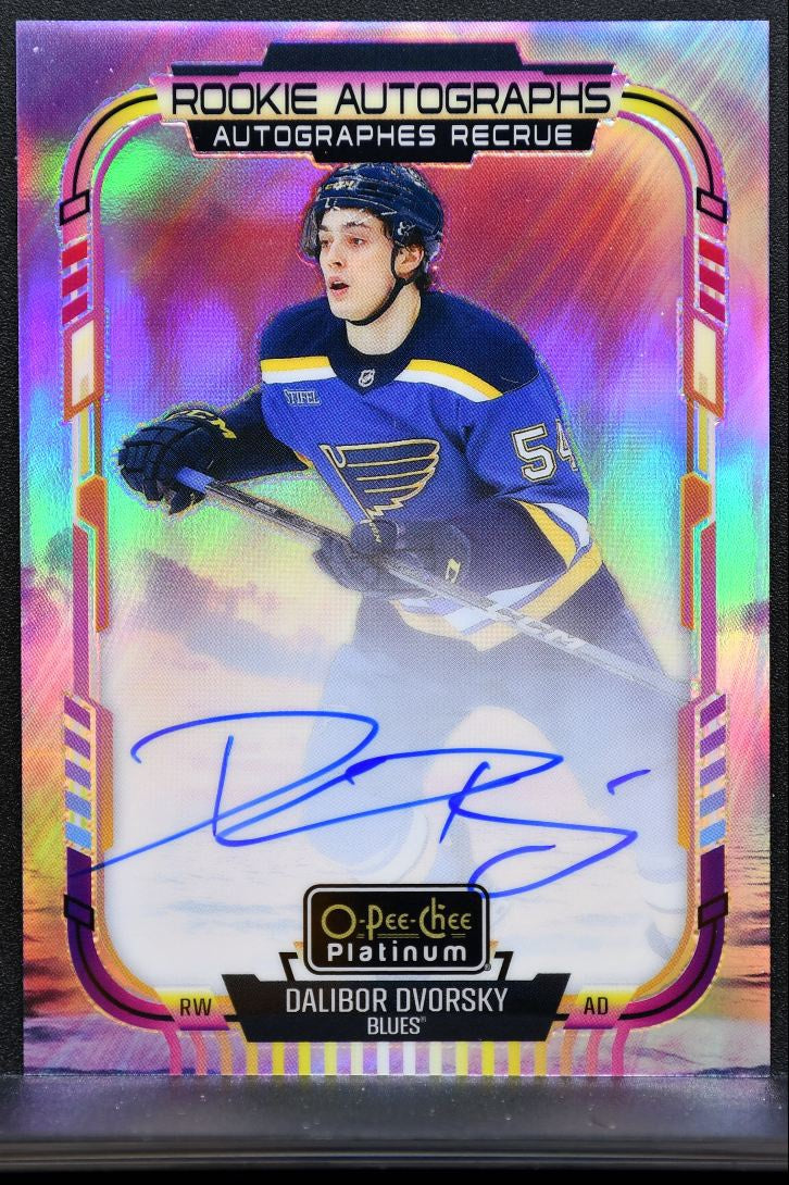 2025-26 O Pee Chee Platinum Rookie Autographs Sunset Dvorsky Blues RC Auto 2485