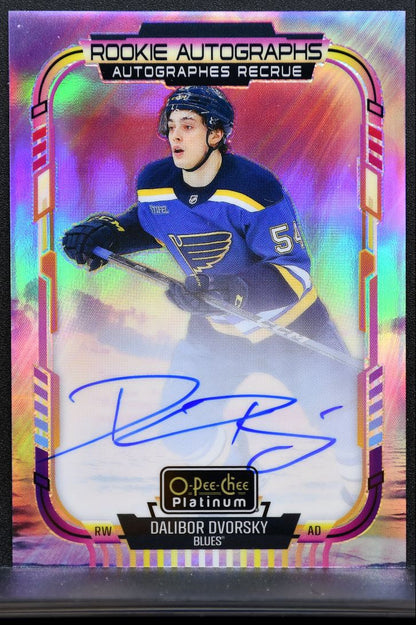2025-26 O Pee Chee Platinum Rookie Autographs Sunset Dvorsky Blues RC Auto 2485