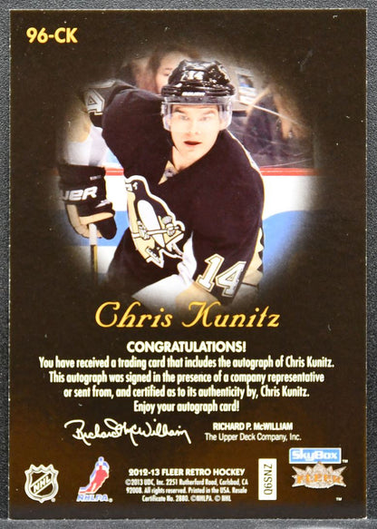 2012-13 Fleer Retro 1996-97 Skybox Autographics Chris Kunitz Penguins Auto 6852