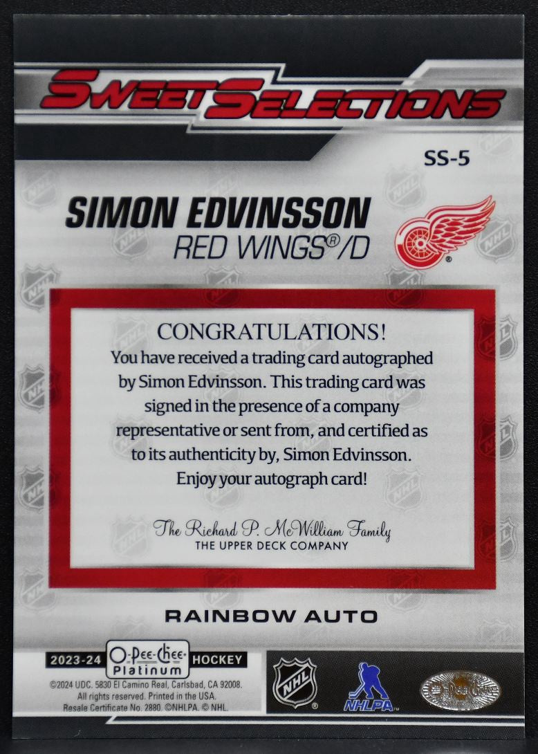 2023-24 OPC Platinum Sweet Selections Rainbow Edvinsson Red Wings RC Auto 7181