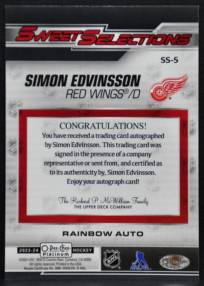2023-24 OPC Platinum Sweet Selections Rainbow Edvinsson Red Wings RC Auto 7181