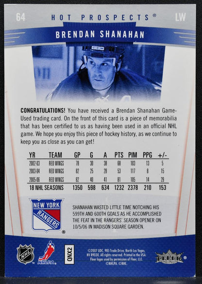 2007-08 Fleer Hot Prospects Authentic Brendan Shanahan Rangers Jersey 8351