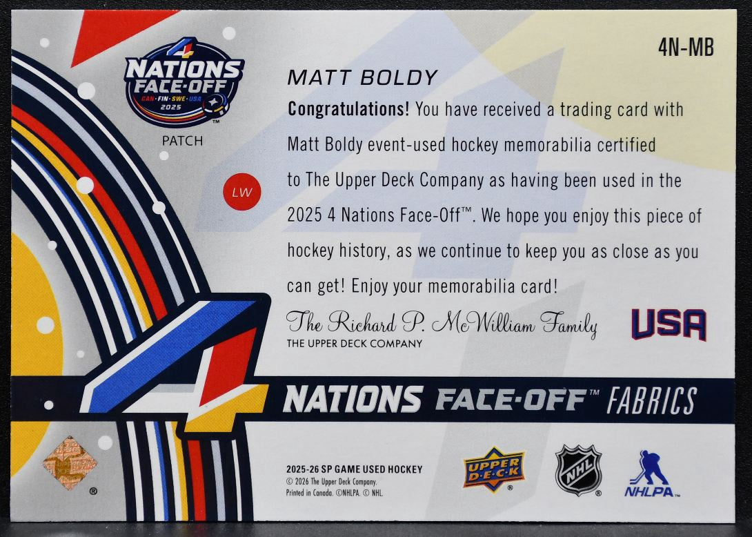 2025-26 SP Game Used 4 Nations Face Off Fabrics Patch Boldy USA 01/15 Patch 6187