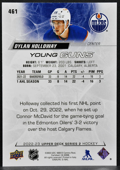 2022-23 Upper Deck Series 2 Young Guns Dylan Holloway 461 Oilers RC 3802