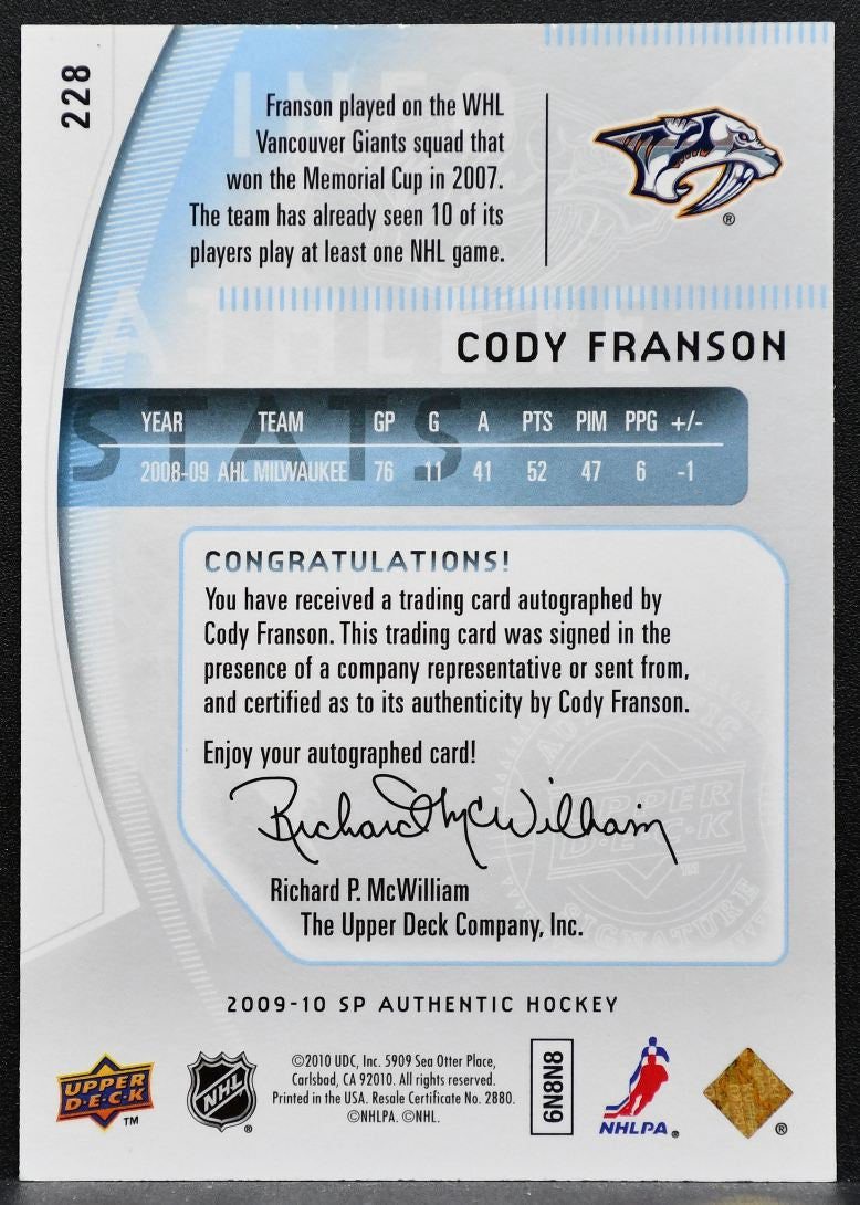 2009-10 SP Authentic Future Watch Auto Cody Franson Predators RC Auto 1252
