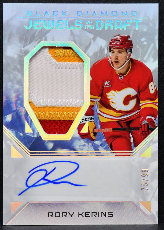 25-26 UD Black Diamond Jewels of the Draft RCs Rory Kerins Flames Auto /99 Patch 9416