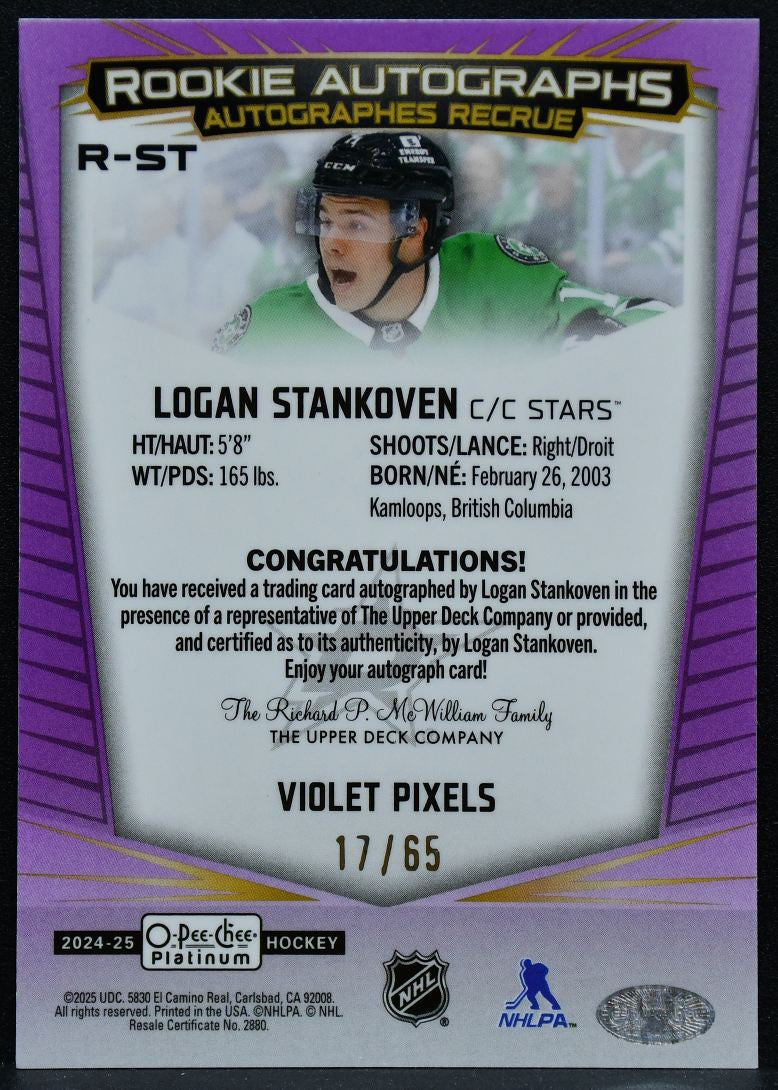2024-25 OPC Platinum Violet Pixels Logan Stankoven R-ST Stars RC Auto 17/65 6740
