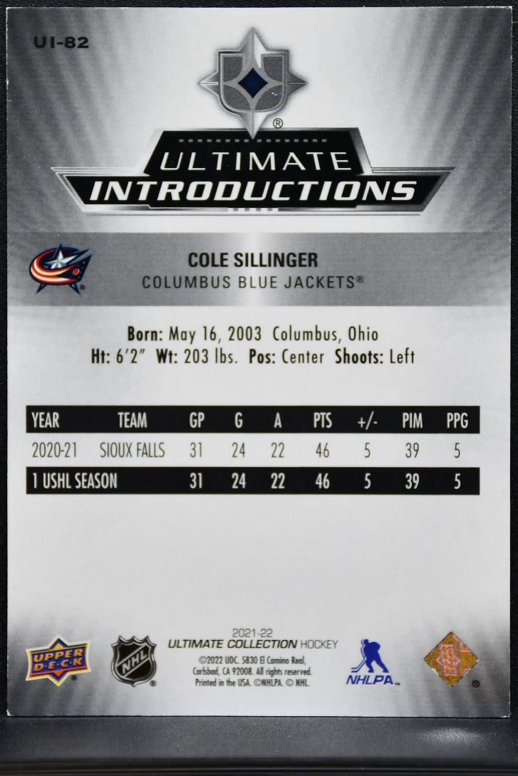2021-22 UD Ultimate Introductions Cole Sillinger UI-82 Blue Jackets RC 0809