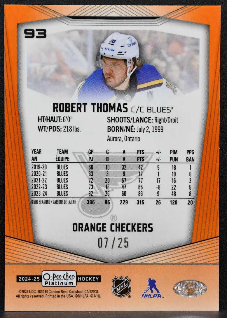 2024-25 O-Pee-Chee Platinum Orange Checkers Robert Thomas 93 Blues 07/25 1761