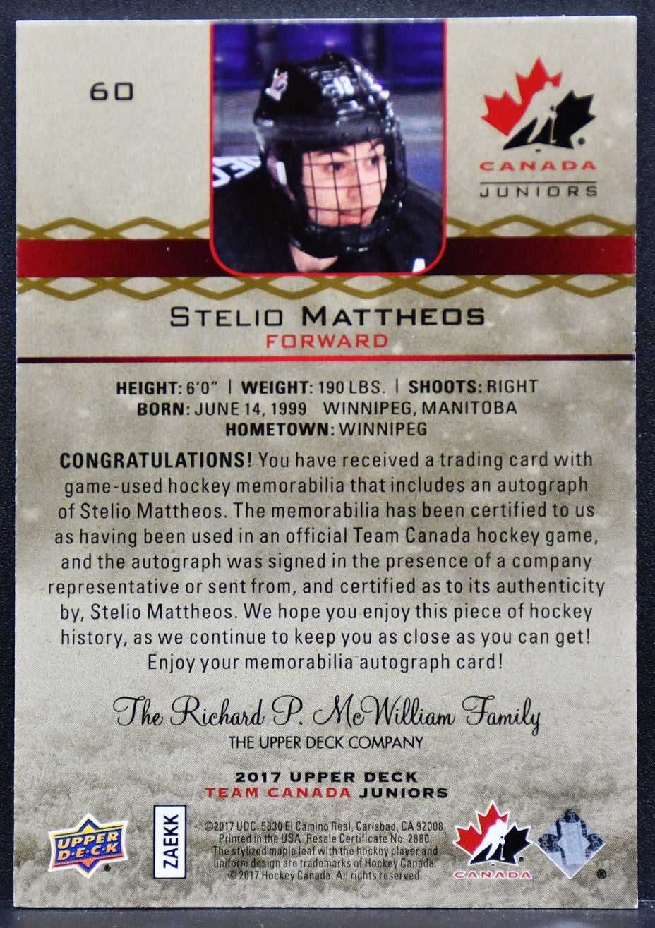 2017-18 UD Juniors Premium Materials Autographs Stelio Mattheos Team Canada /199