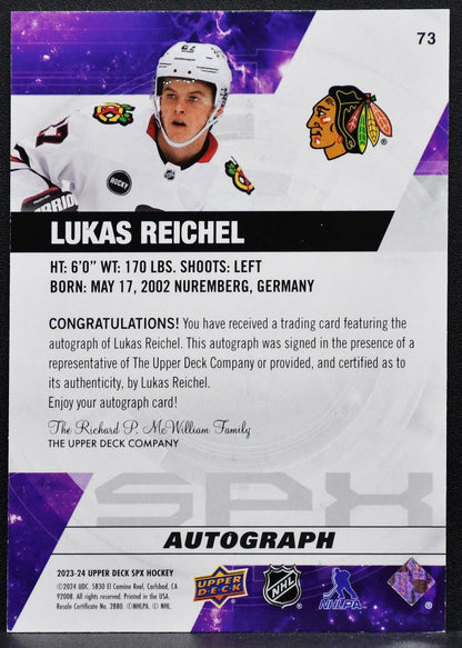 2023-24 SPx Auto Lukas Reichel 73 Chicago Blackhawks Auto 3314
