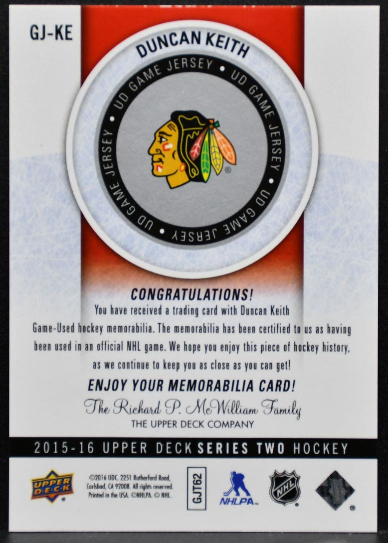 2015-16 Upper Deck Series 2 Game Jerseys Duncan Keith Blackhawks Jersey 7669