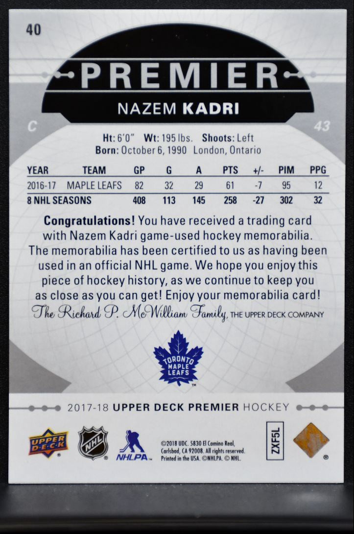 2017-18 Upper Deck Premier Base Jersey Nazem Kadri Jersey 5968
