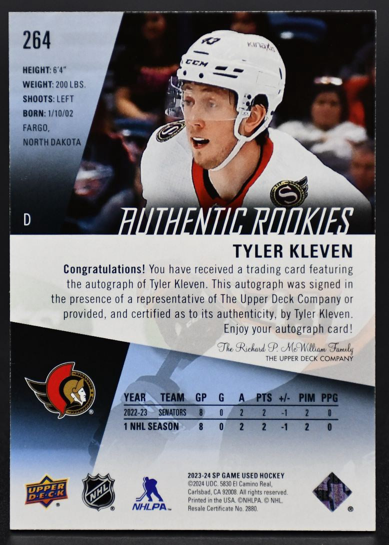 2023-24 SP Game Used Auto Tyler Kleven 264 Ottawa Senators Auto