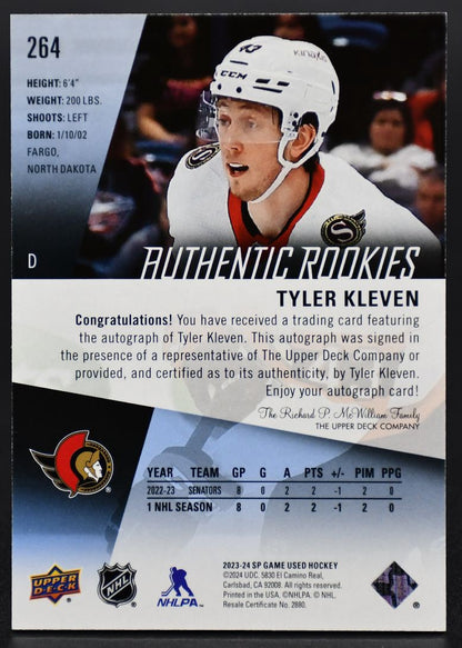 2023-24 SP Game Used Auto Tyler Kleven 264 Ottawa Senators Auto