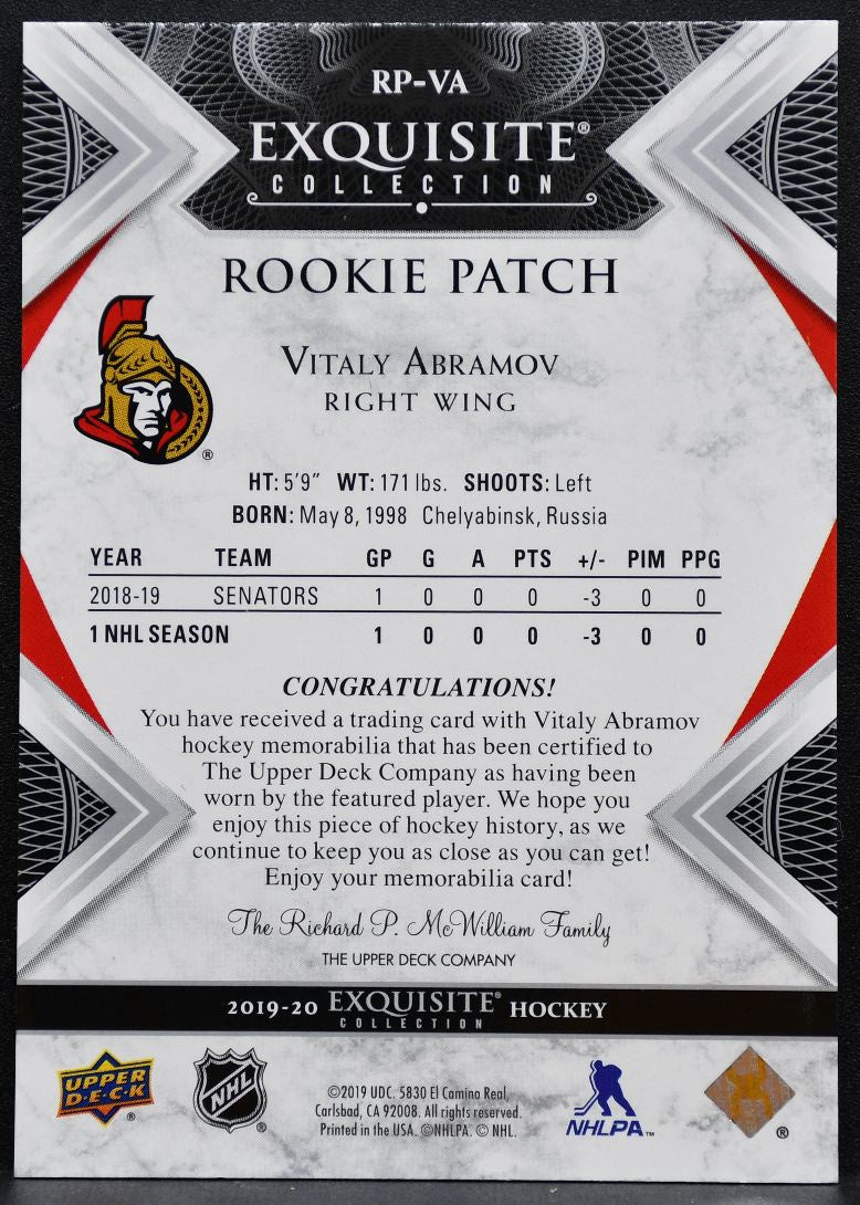 2019-20 UD Black Diamond Exquisite Collection Rookie Patch Abramov RC Patch 2318