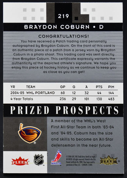 2005-06 Fleer Hot Prospects Coburn 219 Atlanta Thrashers RC Auto /349 Jersey