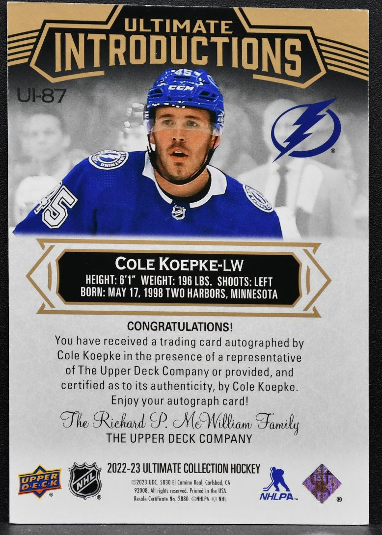 2022-23 UD Ultimate Collection Introductions Auto Koepke Lightning RC Auto 4014