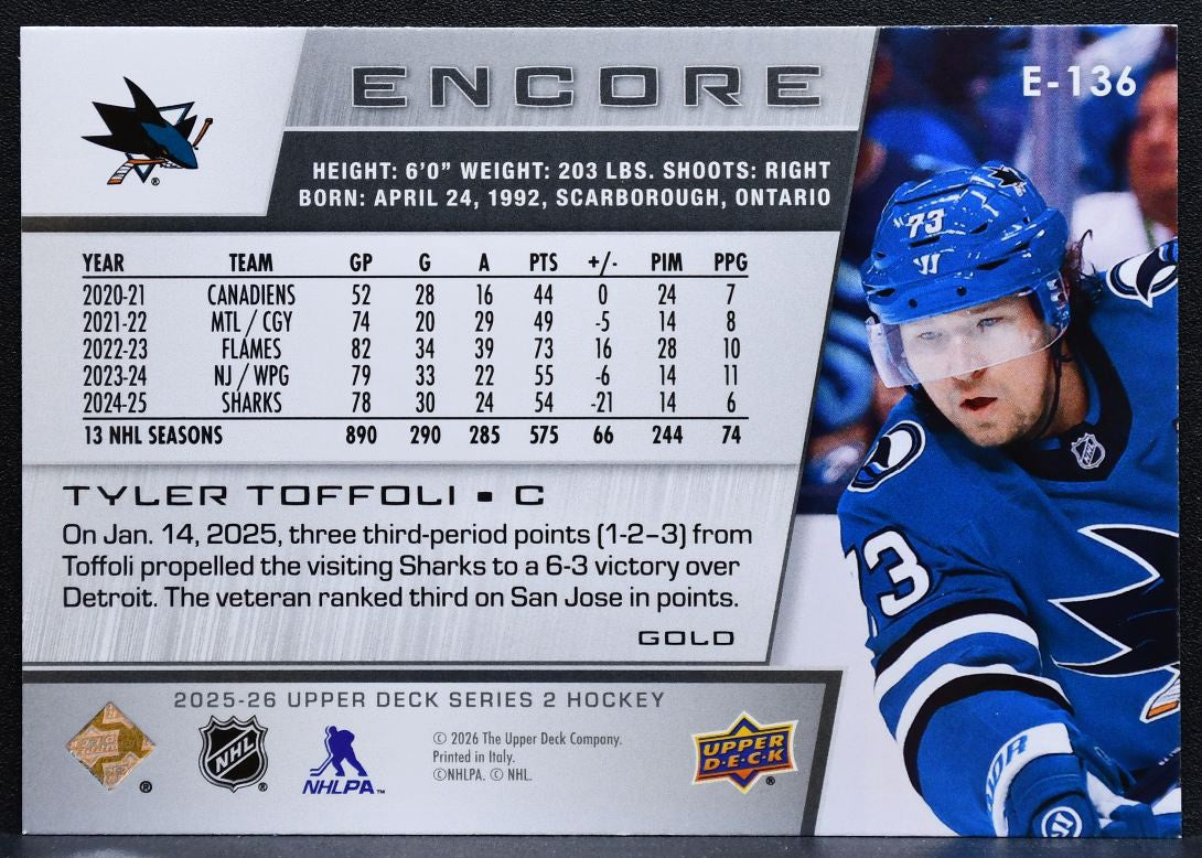 2025-26 Upper Deck Series 2 Encore Gold Tyler Toffoli E-136 Sharks 36/50 0788