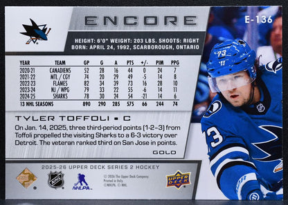 2025-26 Upper Deck Series 2 Encore Gold Tyler Toffoli E-136 Sharks 36/50 0788