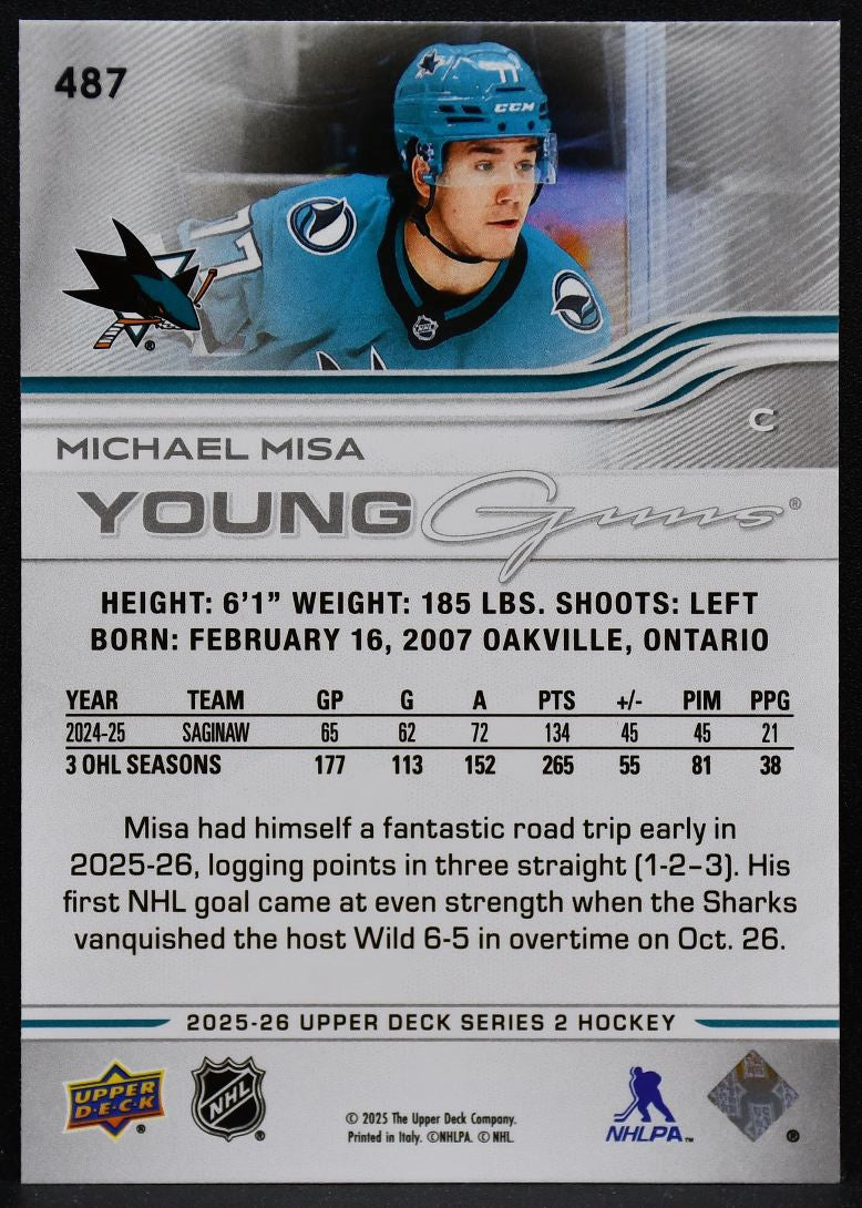 2025-26 Upper Deck Series 2 Young Guns Michael Misa 487 San Jose Sharks RC 5255