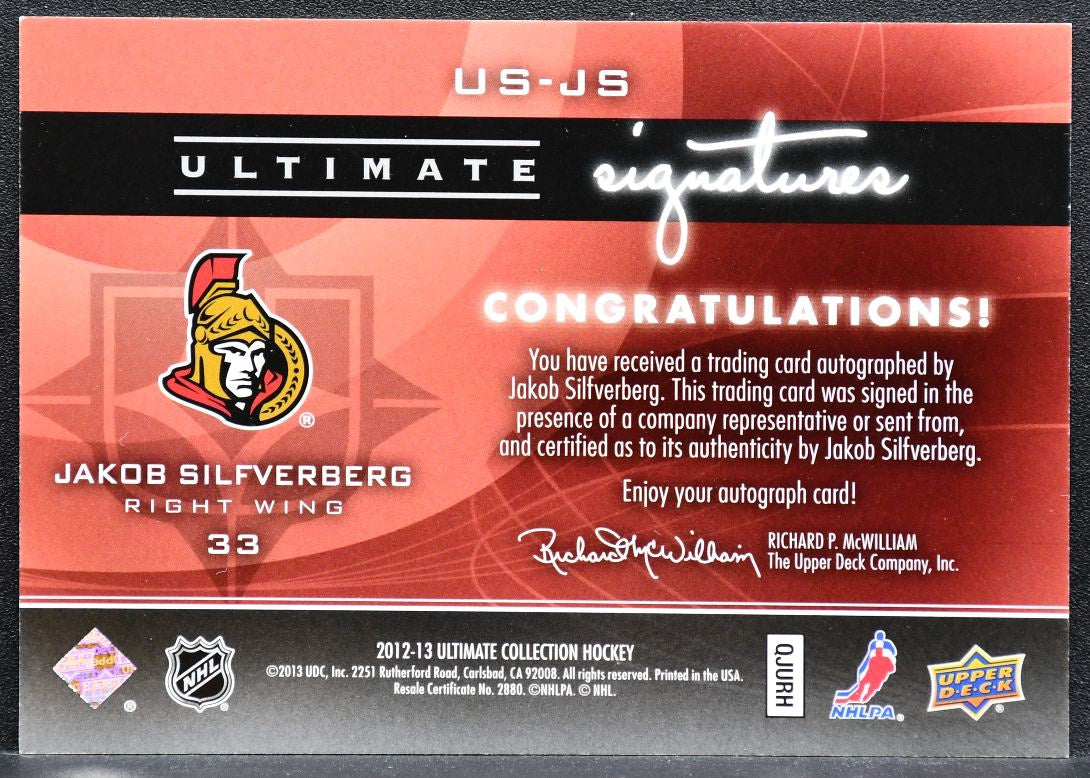 2012-13 UD Ultimate Collection Signatures Jakob Silfverberg Senators Auto 2080