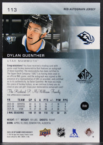 2025-26 SP Game Used Red Auto Jersey Dylan Guenther 113 Auto 32/149 Jersey 7046