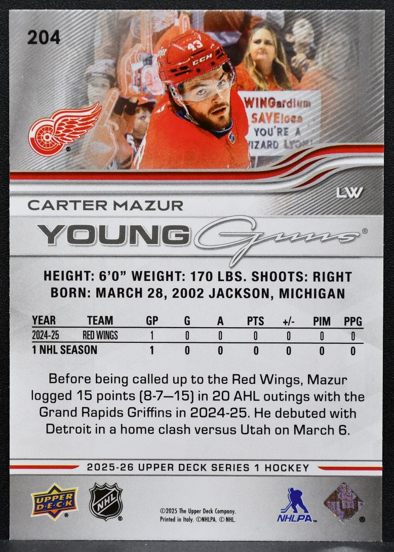 2025-26 Upper Deck Series 1 Young Guns Carter Mazur 204 Red Wings RC 7965