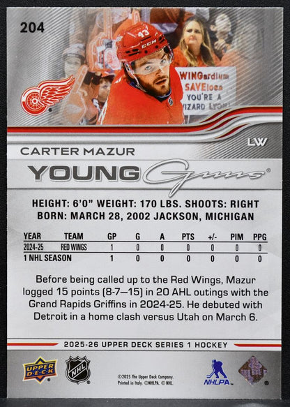 2025-26 Upper Deck Series 1 Young Guns Carter Mazur 204 Red Wings RC 7965