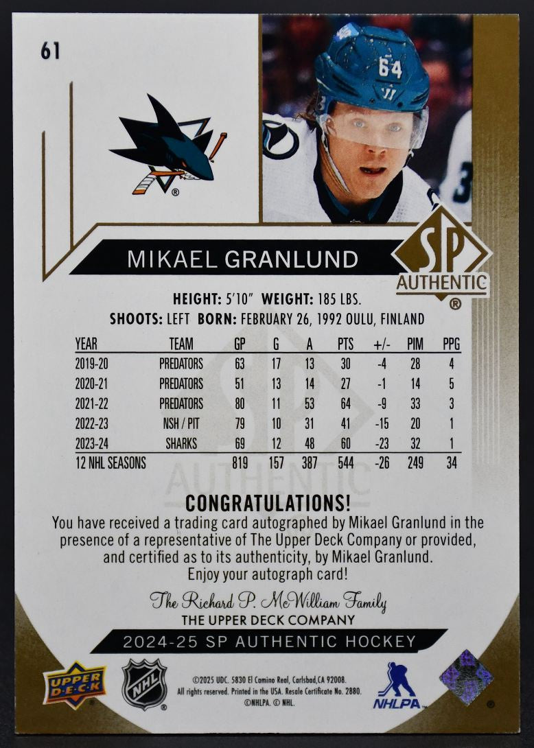2024-25 SP Authentic Mikael Granlund 61 San Jose Sharks Auto