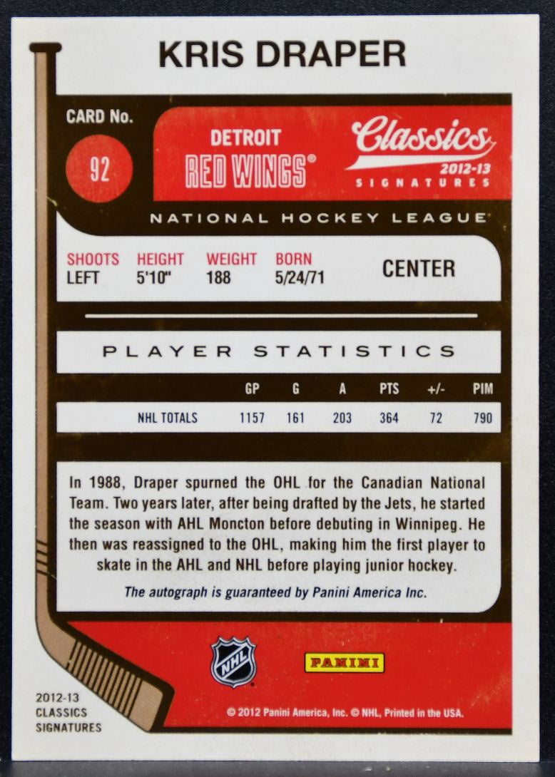 2012-13 Panini Classics Signatures Autographs Kris Draper 92 Red Wings Auto 3166
