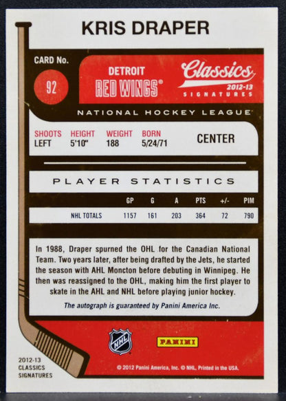 2012-13 Panini Classics Signatures Autographs Kris Draper 92 Red Wings Auto 3166