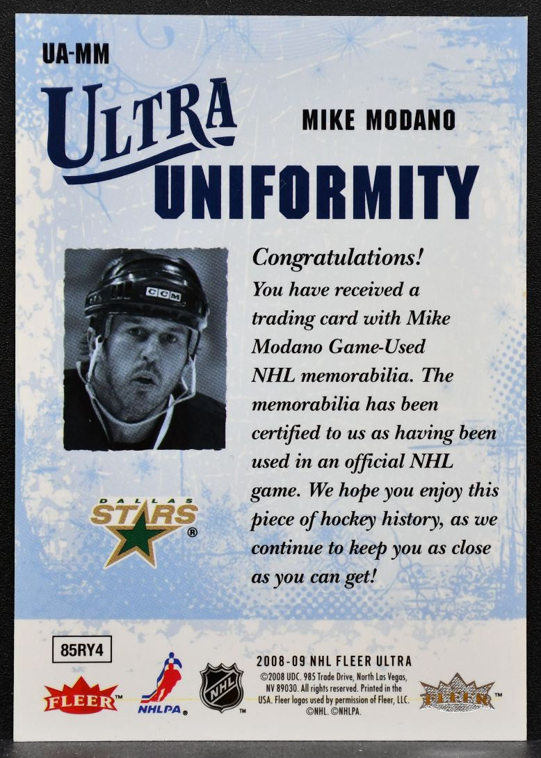 2008-09 Fleer Ultra Uniformity Mike Modano UA-MM Dallas Stars Jersey 5598