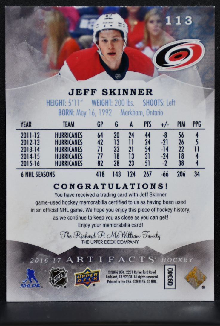 2016-17 UD Artifacts Materials Silver Jeff Skinner 020/125 Jersey 6132