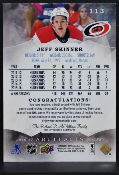 2016-17 UD Artifacts Materials Silver Jeff Skinner 020/125 Jersey 6132