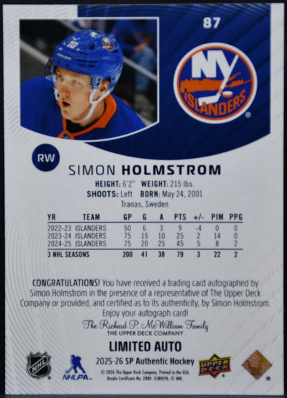 2025-26 SP Authentic Limited Auto Simon Holmstrom 87 Islanders Auto 7625
