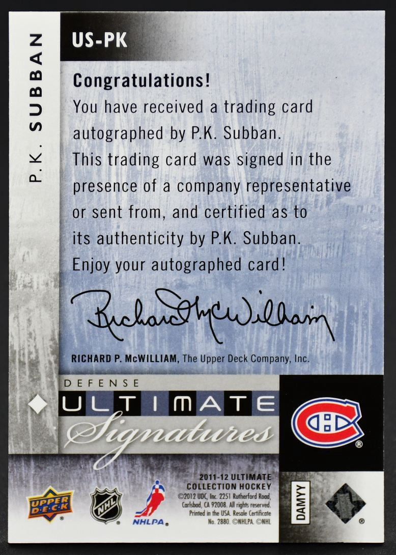2011-12 UD Ultimate Collection Ultimate Signatures P.K. Subban US-PK Auto