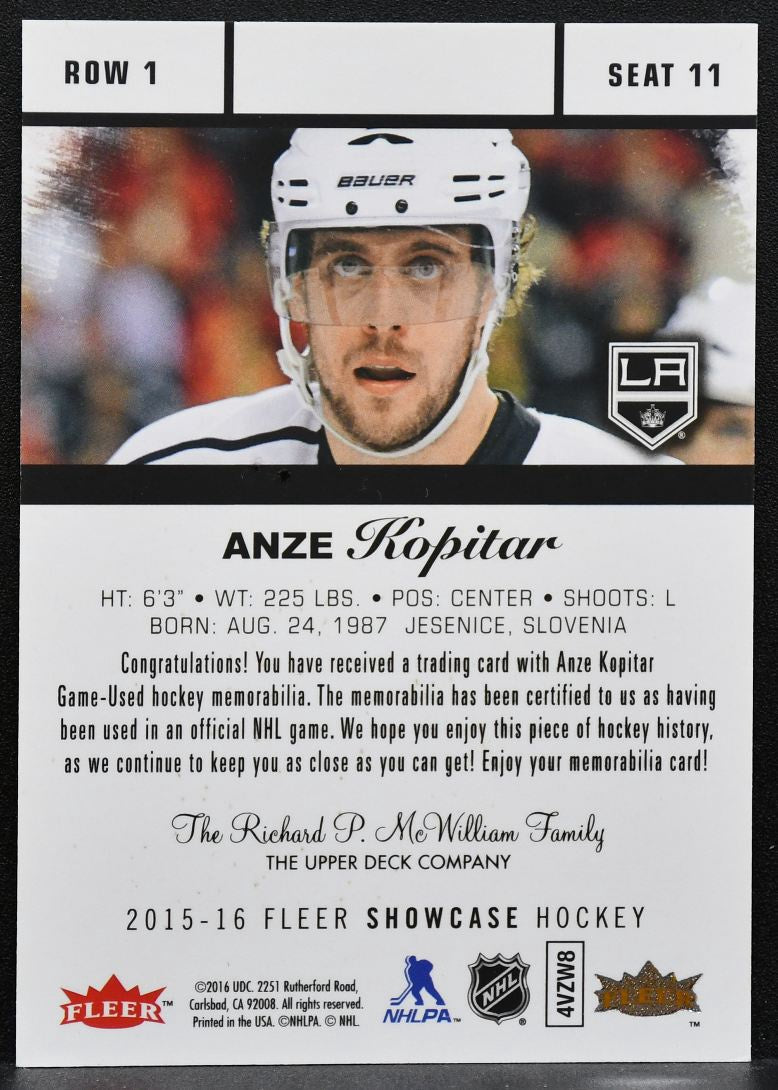 2015-16 Fleer Showcase Flair Jersey Anze Kopitar 11 Kings Jersey 0871