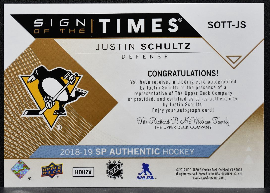 2018-19 SP Authentic Sign of the Times Justin Schultz SOTT-JS Penguins Auto 4916