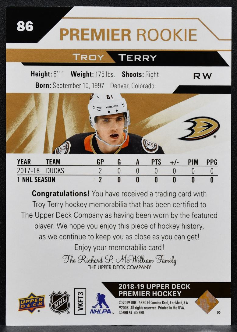 2018-19 Upper Deck Premier Rookie Jersey Troy Terry 86 Ducks RC Jersey 0727