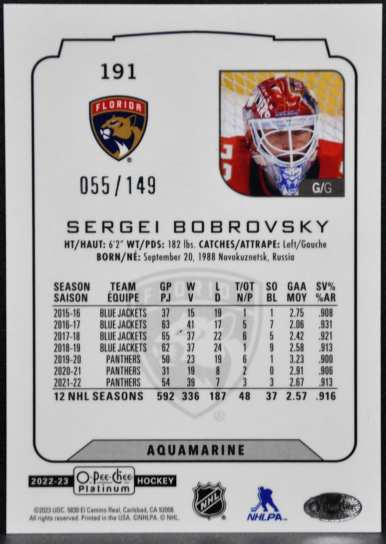 2022-23 O-Pee-Chee Platinum Aquamarine Sergei Bobrovsky 191 /149 8236