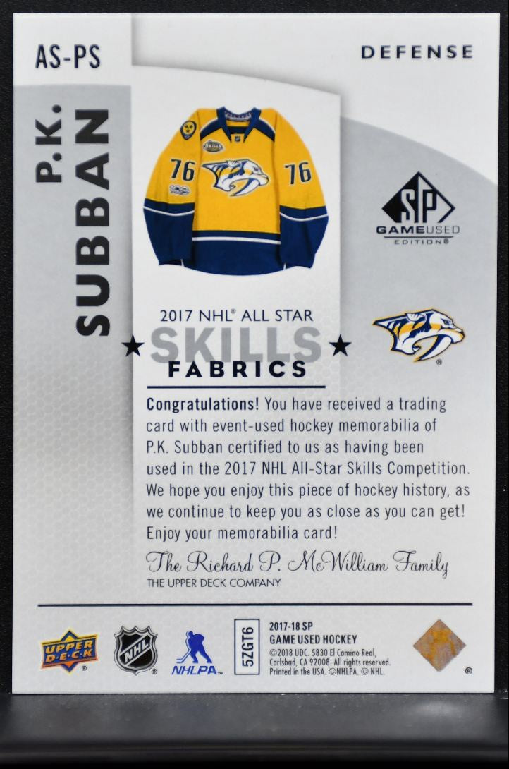 2017-18 SP Game Used 2017 NHL All-Star Skills Fabrics Subban Jersey 7290