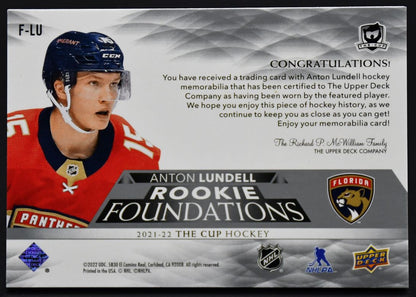 2021-22 UD The Cup Rookie Foundations Quad Jersey Lundell F-LU RC 11/99 Jersey
