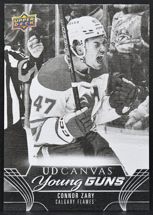 23-24 UD Extended Series UD Canvas Young Guns Black Connor Zary Flames RC 8419